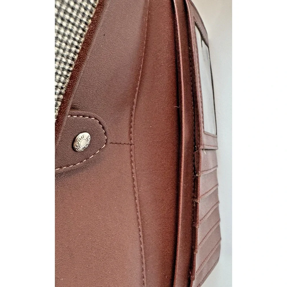Espirit Wallet Green/White Plaid Brown Vegan‎ Leather 11 Card Slots Organizer